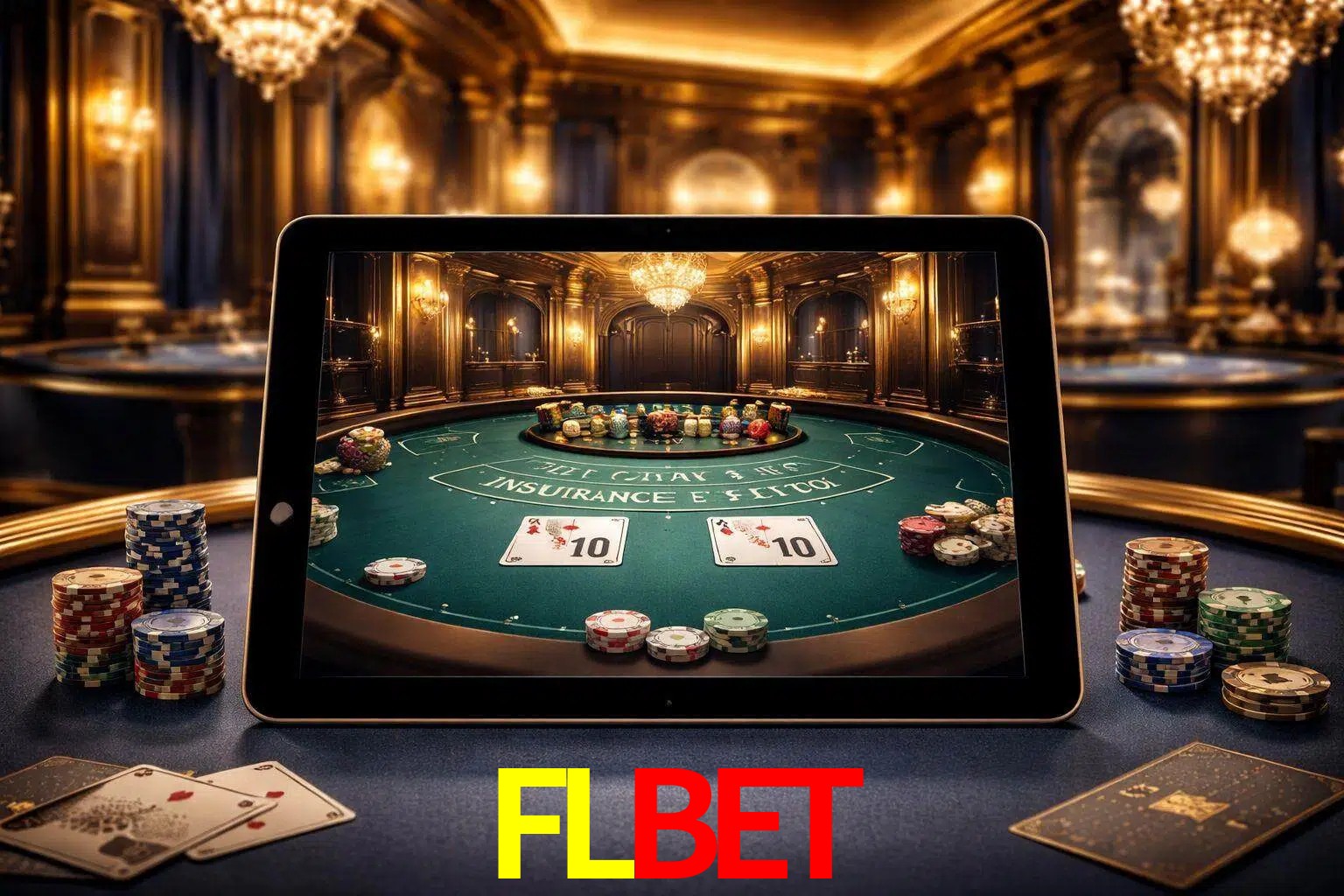 Configuración moderna de casino en vivo con una tableta mostrando una mesa de blackjack, luces cálidas de estudio y una atmósfera elegante de juegos digitales.