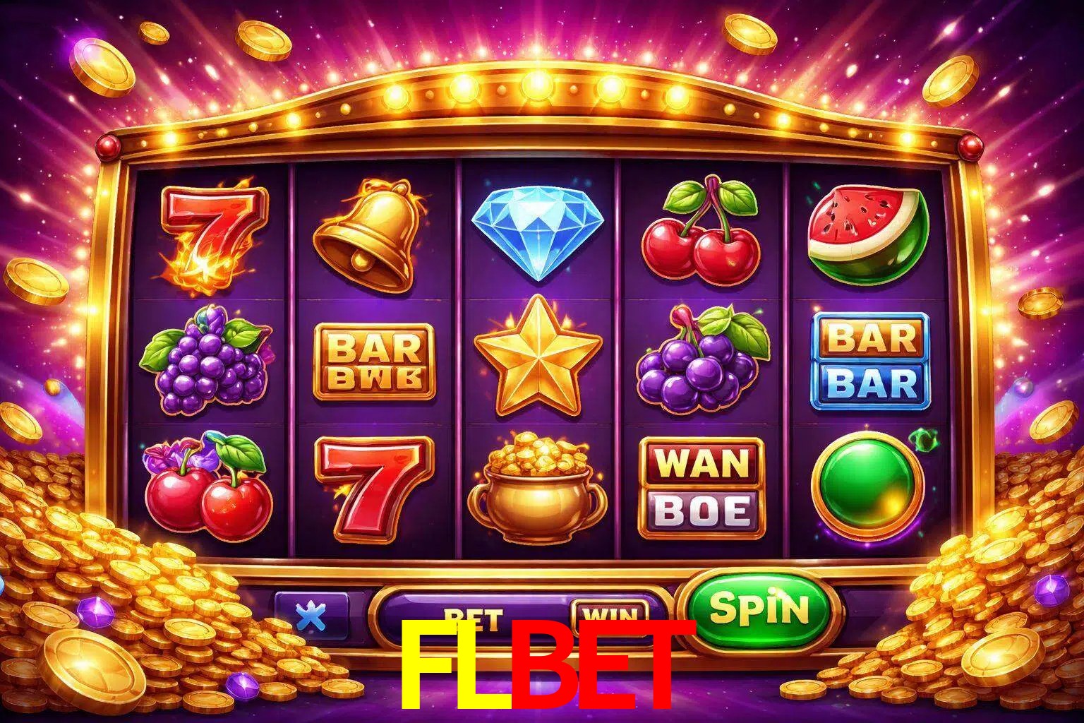 Una interfaz colorida de tragamonedas en línea con símbolos brillantes, monedas y un efecto de victoria celebratoria en FLBET.