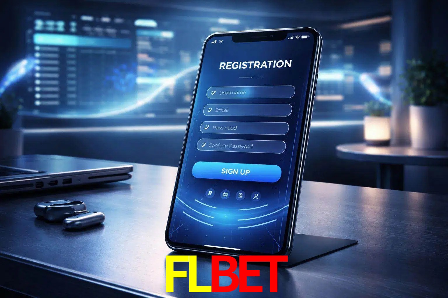 Una interfaz moderna de registro móvil para FLBET mostrada en un smartphone con un panel de apuestas elegante.